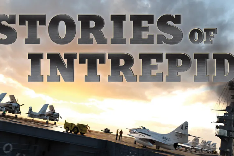An aircraft carrier as the sun is setting with text that says "Stories of Intrepid"