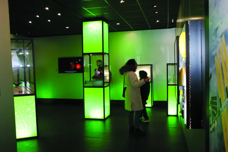 Visitors look at panels in an exhibition that is lit with green lighting.
