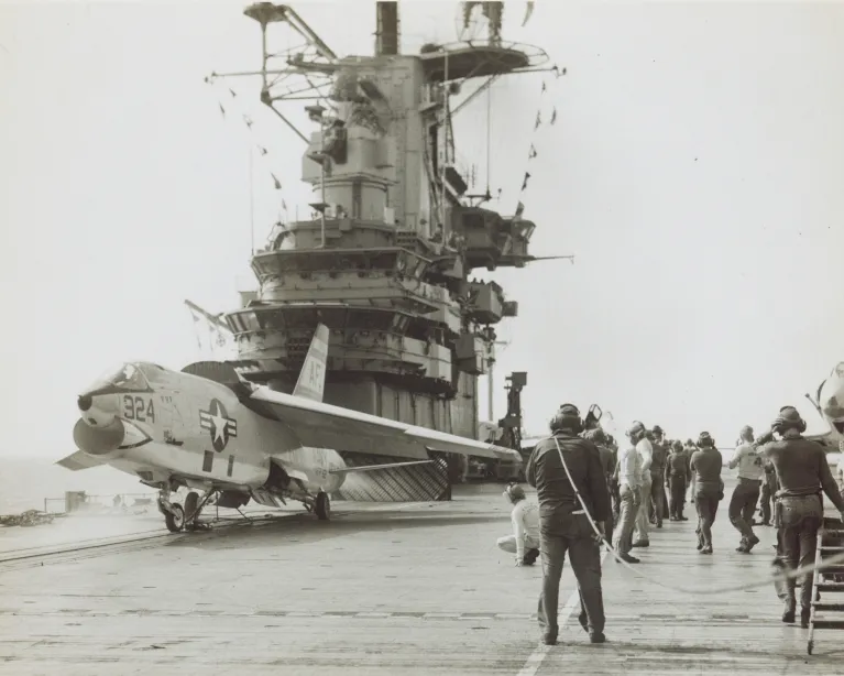 Archival photo of the Intrepid's island and flight deck