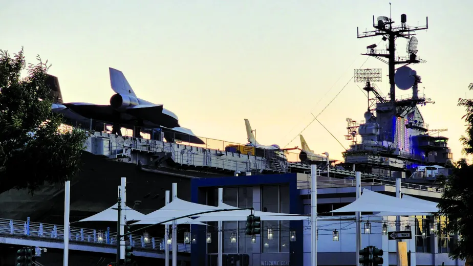 The Museum plaza with the Intrepid's flight deck in the background.