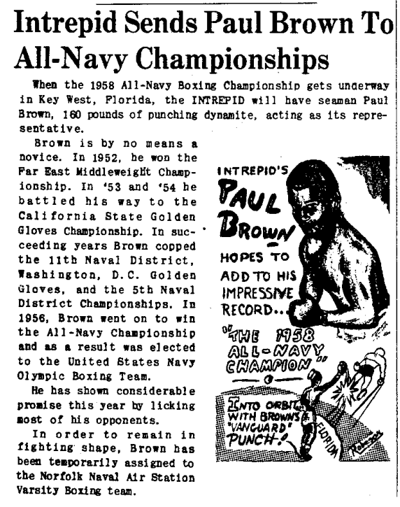 Intrepid sailor Paul Brown was the 1956 All-Navy boxing champion.