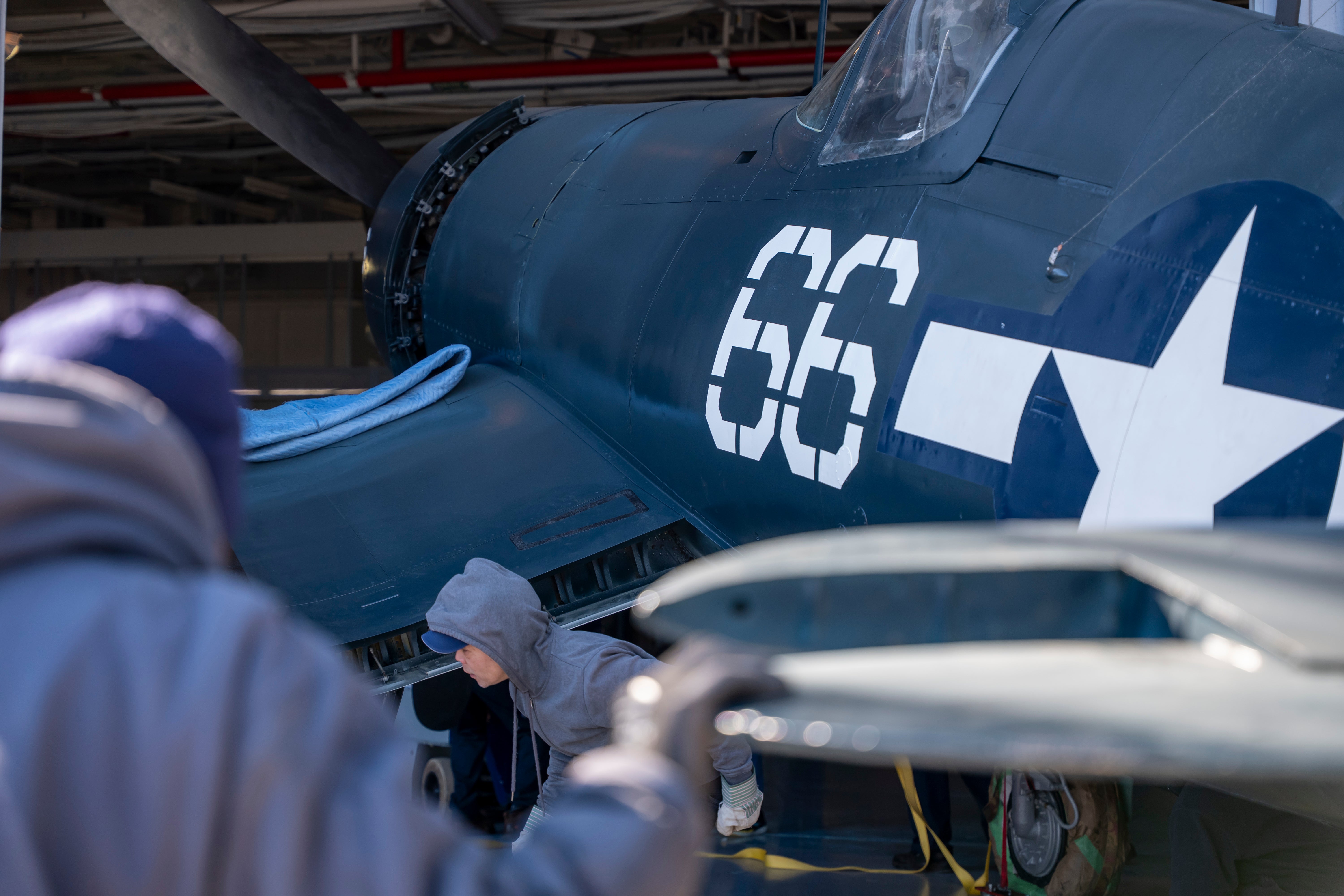 Restored Corsair painted with Alfred Lerch’s aircraft markings for the Museum’s new exhibition. Credit: Intrepid Museum. 