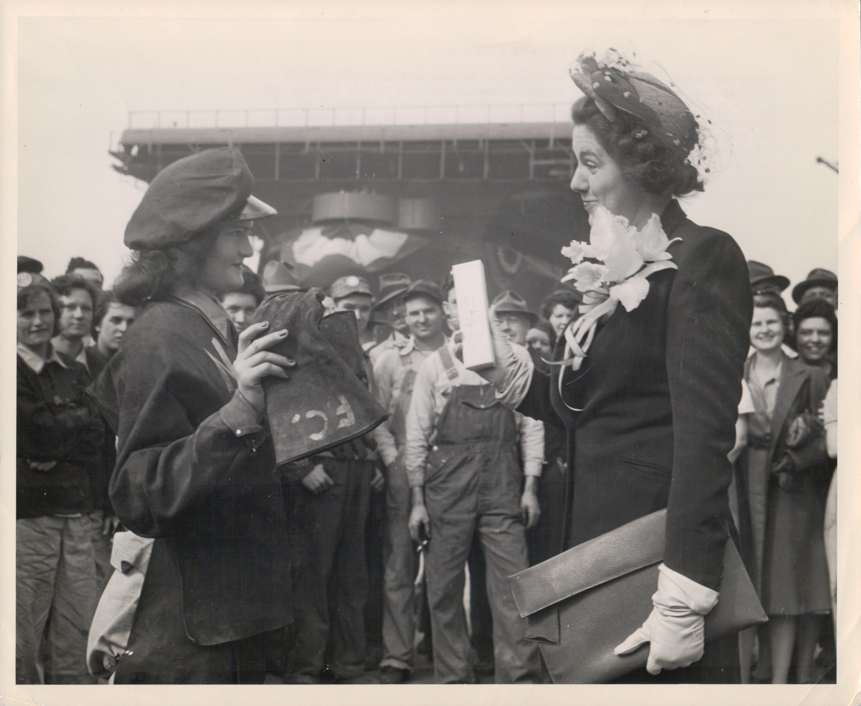 Berline Cashwell, a riveter at the Newport News shipyard, and Helen Hoover, the ship’s sponsor, at Intrepid’s christening on April 26, 1943.