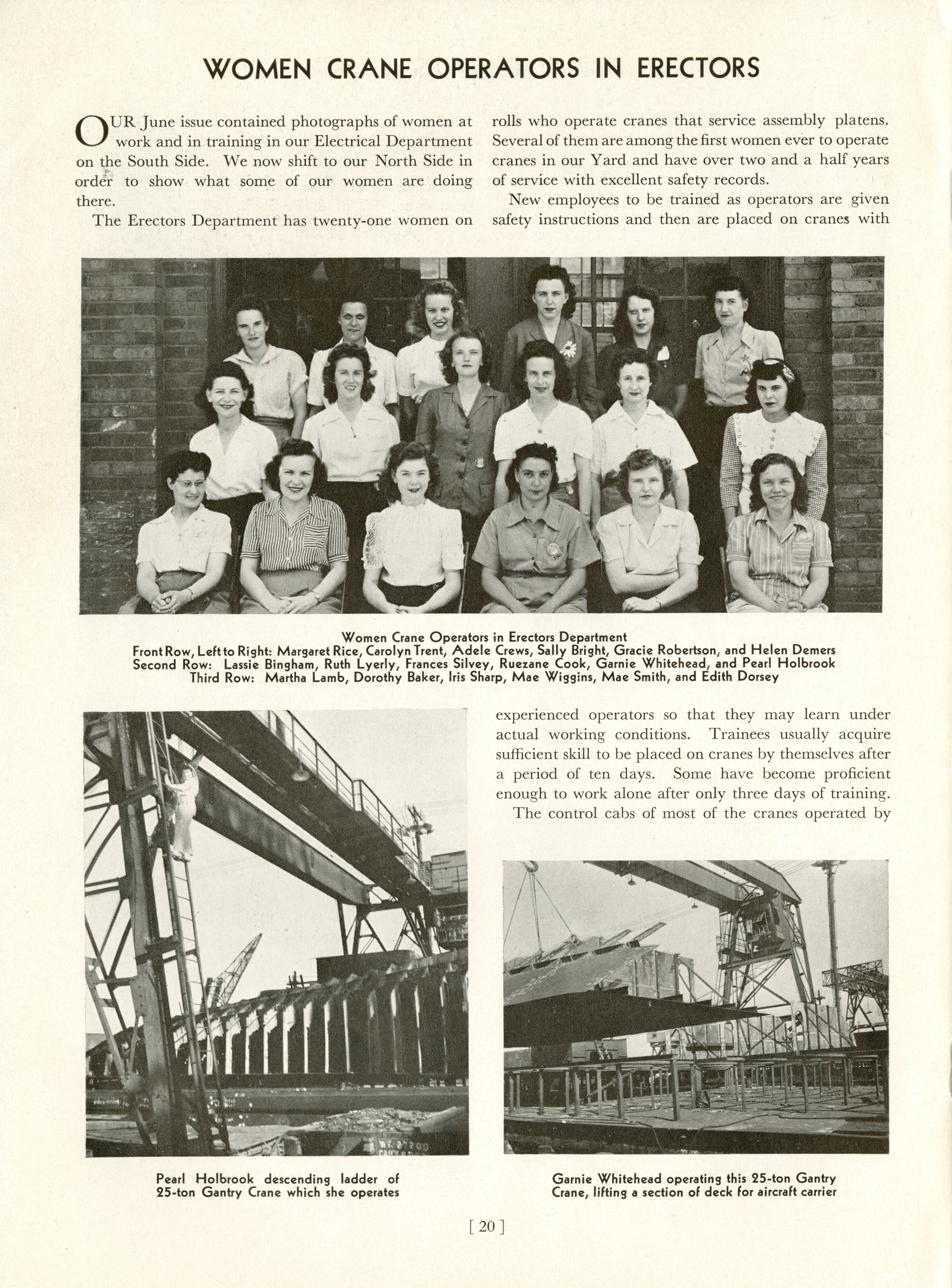 This article from the Newport News Shipbuilding company newsletter profiles women working as crane operators