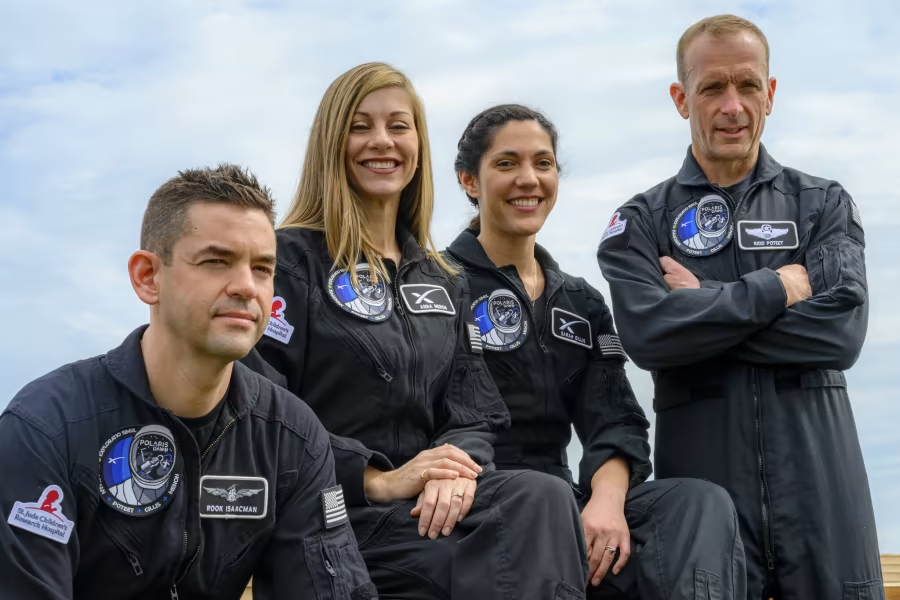Polaris Dawn crew from left to right: Jared Isaacman, Anna Menon, Sarah Gillis Scott Poteet. (Photo credit: John Kraus/Polaris Program)
