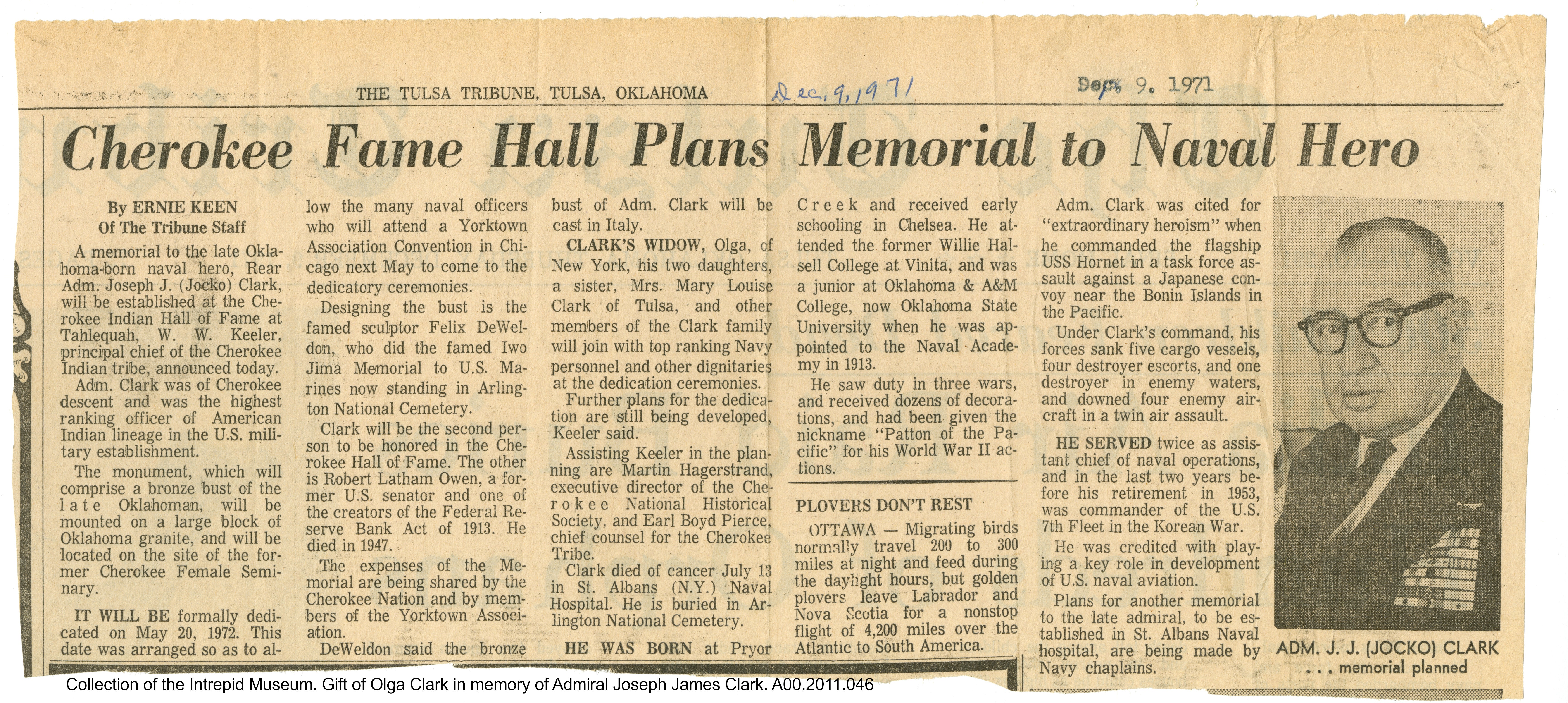 Newspaper article announcing that Clark was posthumously inducted into the Cherokee Indian Hall of Fame at Tahlequah in honor of his decades of naval service.