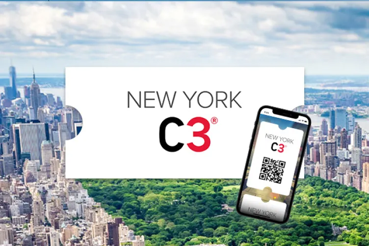 A photo of Central Park and Manhattan with a ticket and phone that says &quot;New York C3&quot;