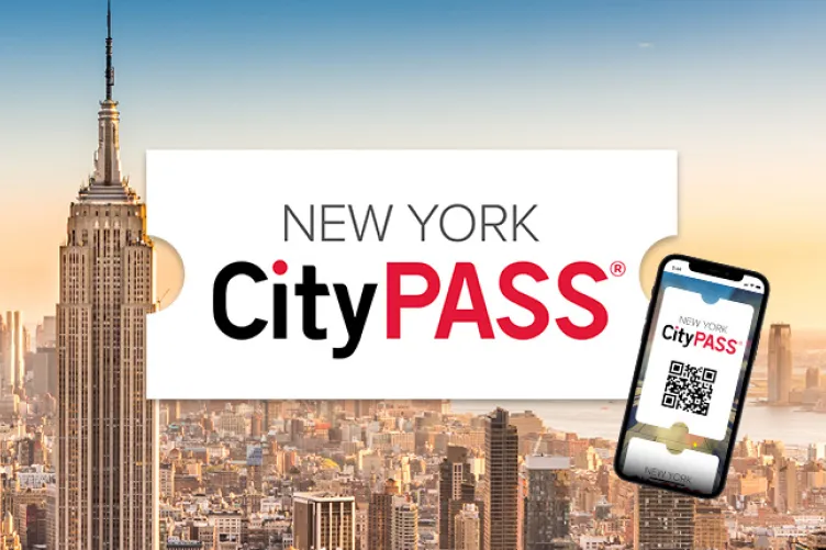 The New York City skyline with a ticket and phone that says "New York CityPASS"