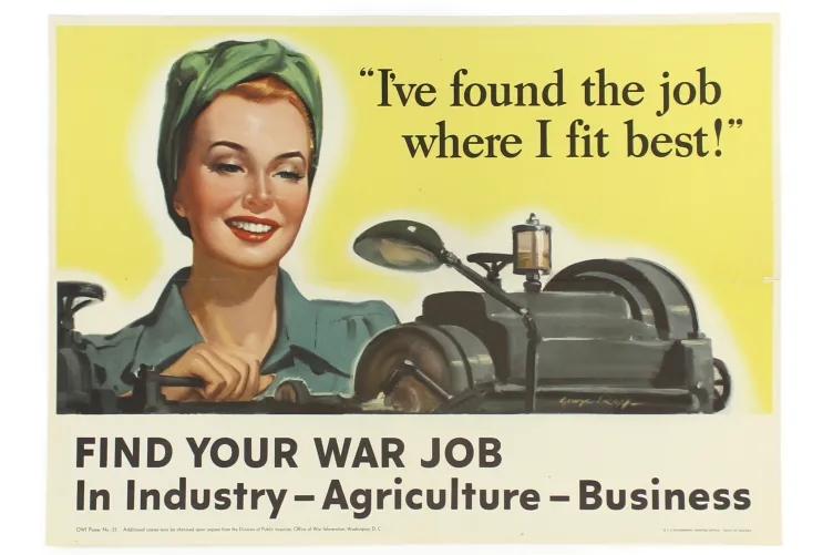 An old poster that shows a woman in a utility uniform working at a sewing machine.