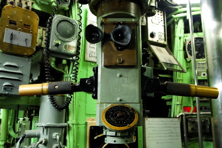 A closeup of the periscope in the Growler submarine.