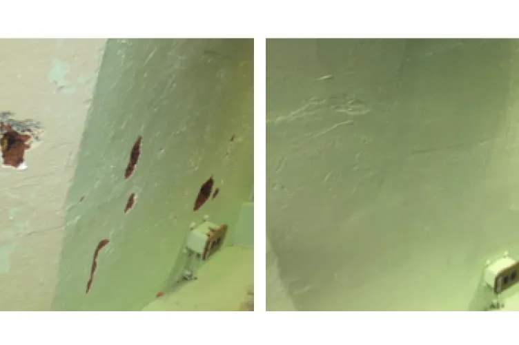 Before and after repairs of mechanical damage caused by visitors to Growler’s bulkhead in 2015.