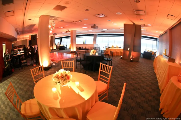 Tables set up for a reception in the Great Hall