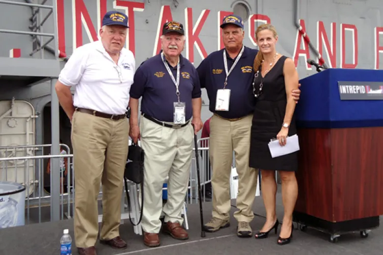 Former Crewmembers Dick Mills, Ray Stone, and Mike Hallahan, along with Intrepid Executive Director Susan Marenoff