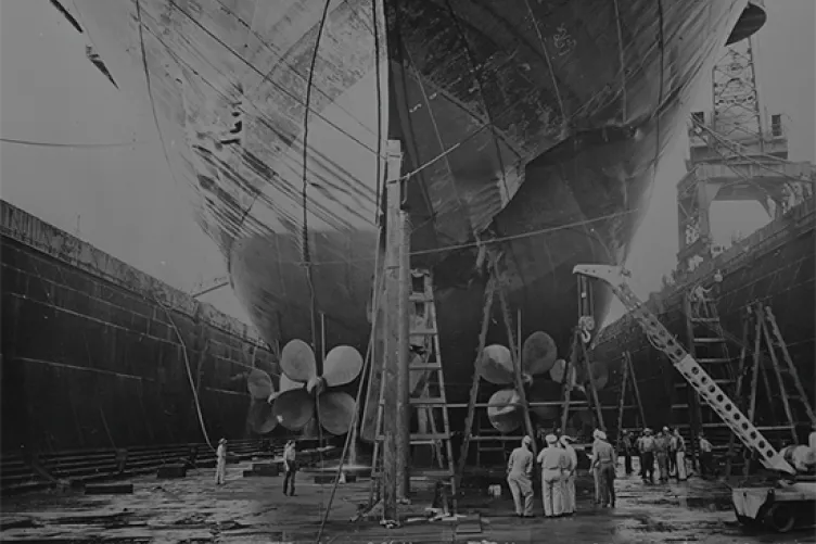 Intrepid in a Pearl Harbor dry dock following the torpedo attack.