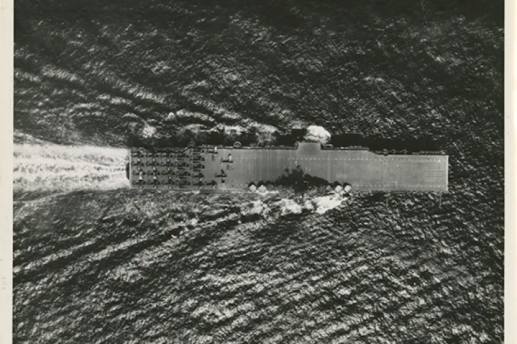 aerial image of the uss intrepid on the sea