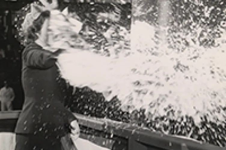 It’s pretty harrowing to have this explosion of glass and wine richocheting back at you while you’re dressed in your Sunday best. Collection of the Intrepid Sea, Air & Space Museum