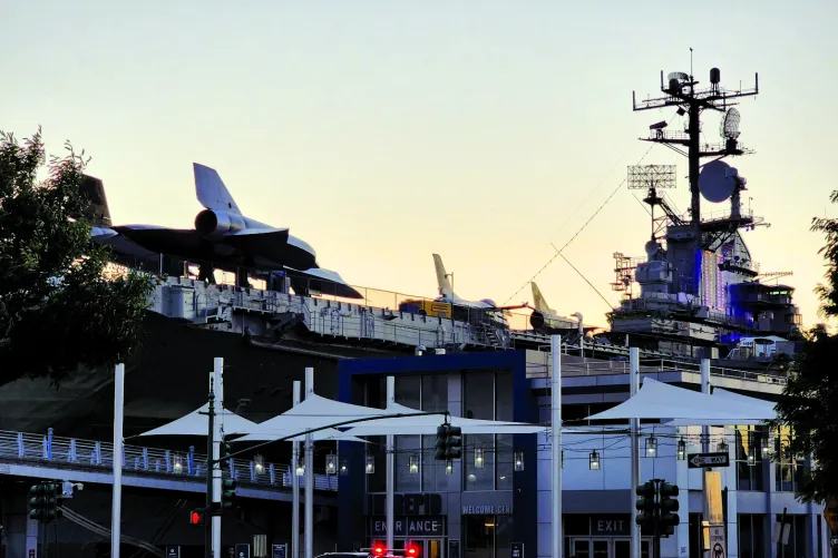 The Museum plaza with the Intrepid's flight deck in the background.