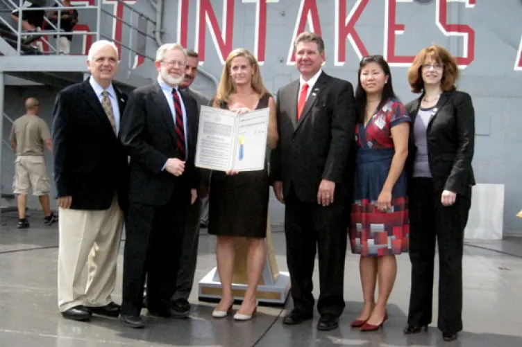 From left to right: Assemblyman Joseph Lentol (Brooklyn), Assemblyman Richard Gottfried (Manhattan), Assemblyman David Weprin (Queens), Intrepid Executive Director Susan Marenoff, Assemblyman Michael DenDekker (Queens), Assemblywoman Grace Meng (Queens), Assemblywoman Linda Rosenthal (Manhattan)