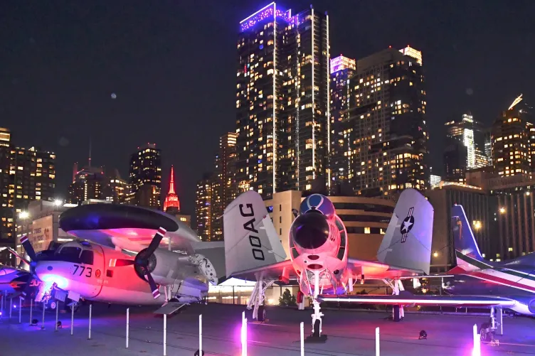 View of the New York City Skyline from the Flight Deck at Night