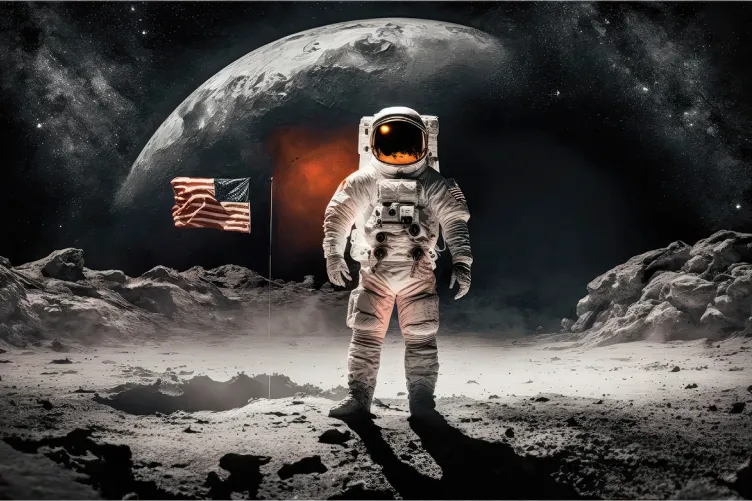 An astronaut in a space suit standing next to the American flag in space