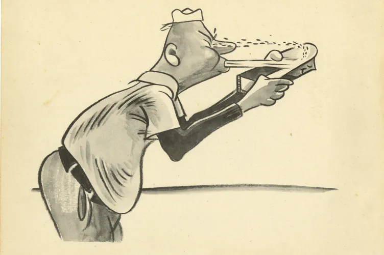 A cartoon drawing of a man holding a rectangular box in his hands. As he blows on the box, debris hits his eyes.