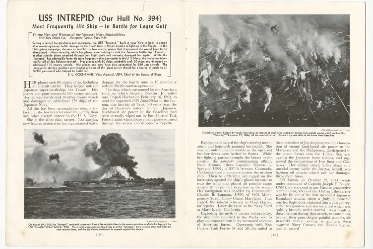 A historical document from a shipyard bulletin describing the USS Intrepid as the 'Most Frequently Hit Ship' during the Battle for Leyte Gulf in World War II, accompanied by a photograph of the ship in battle.