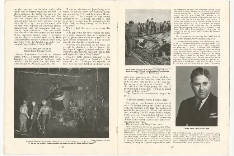 The final pages of a shipyard bulletin describing the aftermath of battle damage to the USS Intrepid, with citations for bravery and detailed accounts of repair efforts post-engagement.