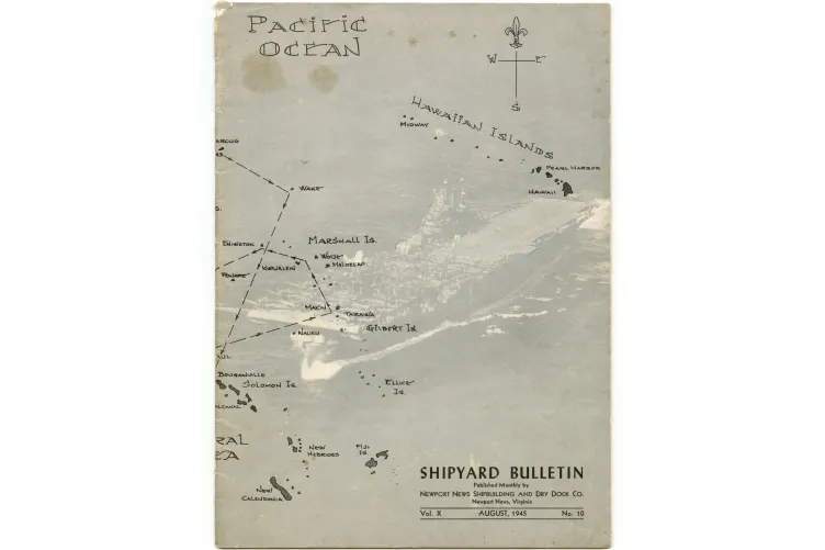 A vintage shipyard bulletin map detailing the Pacific Ocean with marked locations and routes relevant to naval operations, underlining strategic points during a historical military context.