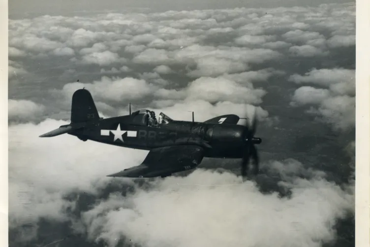 The F4U Corsair soaring through the skies.