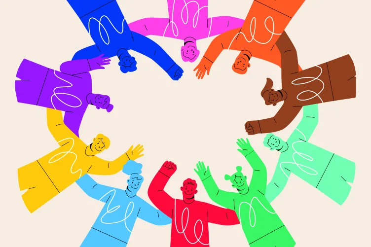 Illustration of people holding hands in a circle, painted in different colors.
