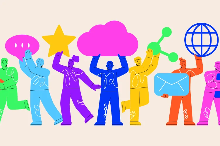 Illustration of figures, surrounded by colorful elements like clouds, a globe, a star, a hashtag, and a speech bubble, all painted in vibrant hues.