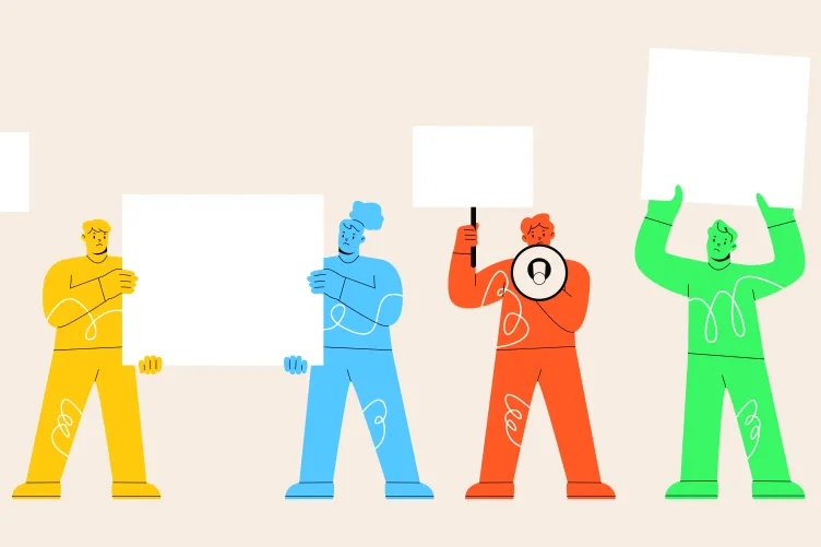 Illustrated figures holding various colorful shapes.