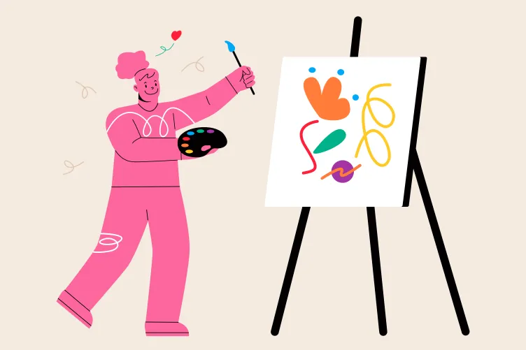 Illustrated figure holding a paintbrush and a color wheel with an axle in front.