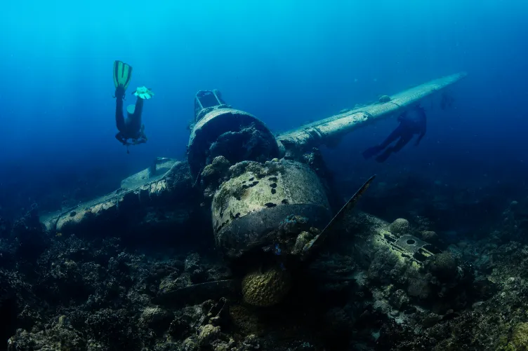A scuba diver surveying an underwater plane wreck