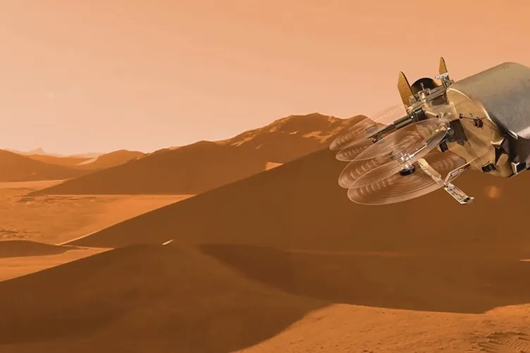 3D rendering of a Dragonfly octocopter hovering around Mars