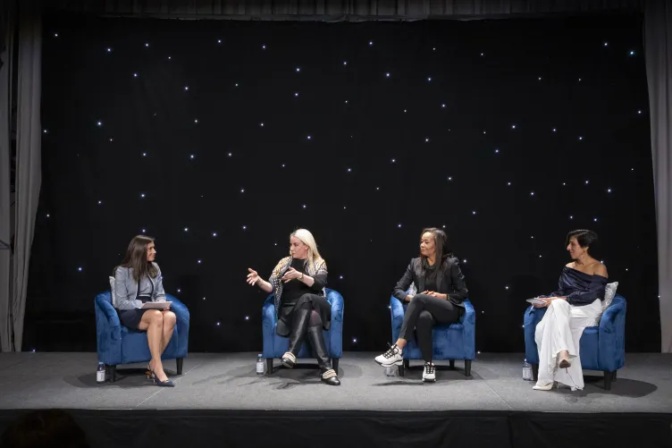 Lynda Baquero, Sarah Gosler, Alicia Lowery Rosenbaum and Rina Niles on stage at Unstoppable Women 2025