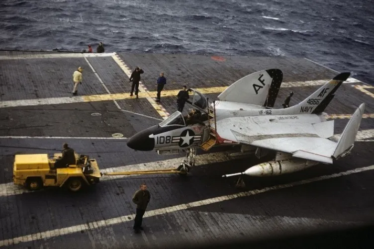 A Skyray jet plane on the flight deck of Intrepid.