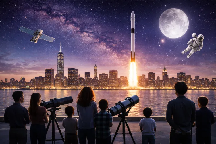 Group of people of all ages looking through a telescope during an astronomy night event.