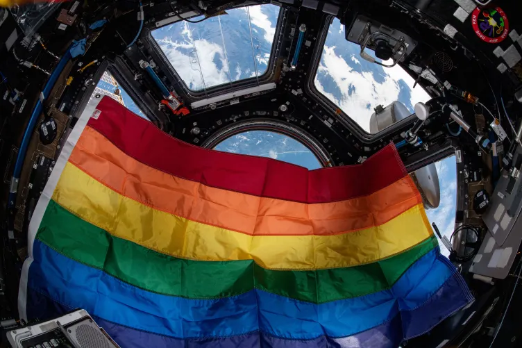 A rainbow Pride flag in the International Space Station.
