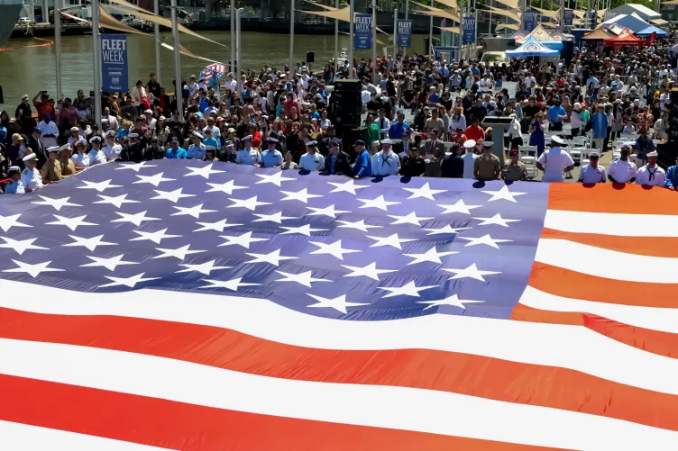 American flags displayed during the Memorial Day ceremony at Pier 86