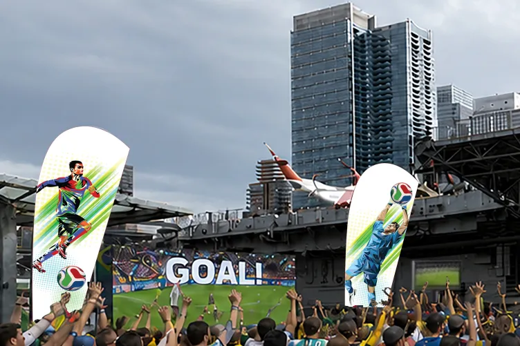 Illustration of people gathered on Pier 86 cheering and watching a soccer match