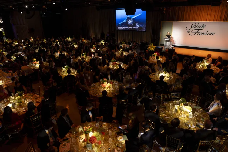 Susan Marenoff-Zausner, president of the Intrepid Museum, giving a speech at the 2025 Salute to Freedom Gala