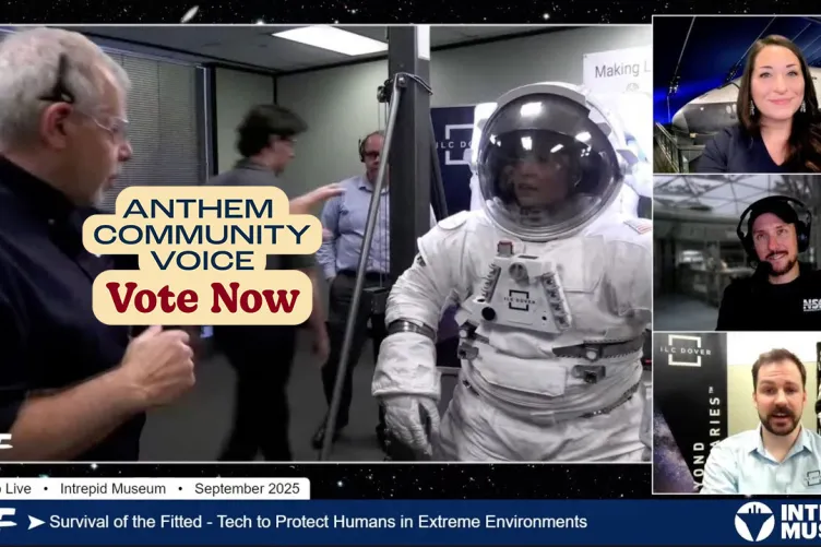 Astro Live presenters explore spacesuit technology, with a “Vote Now” message for the Anthem Community Voice Awards.