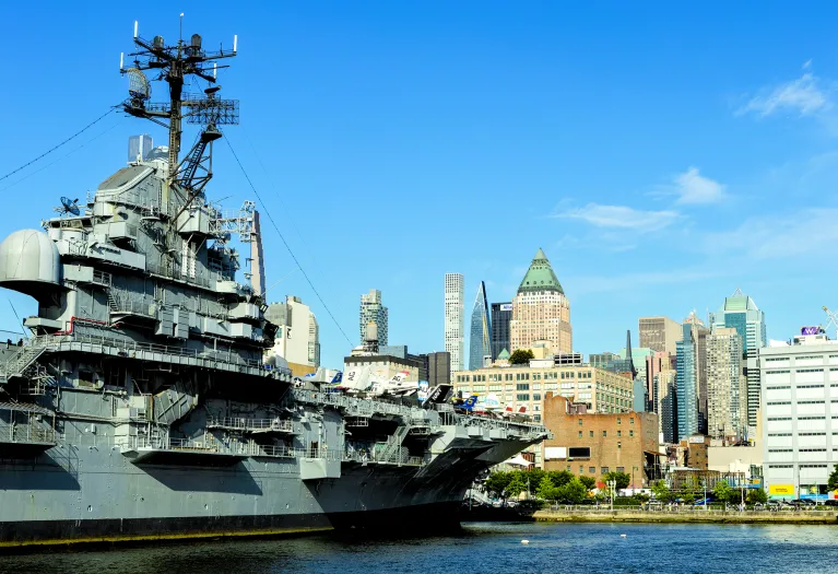 A view of the Intrepid from a neighboring pier.