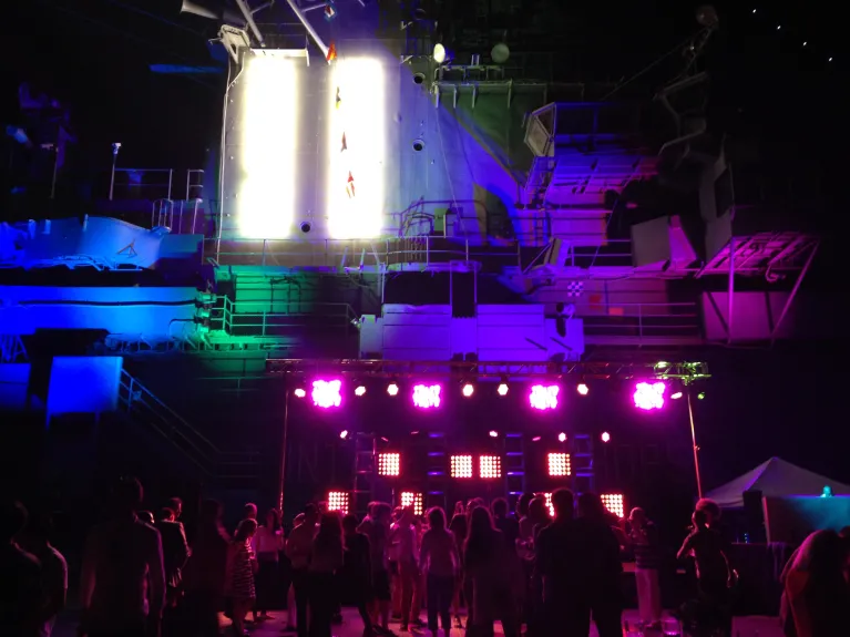 A stage with lights for a performance on the flight deck