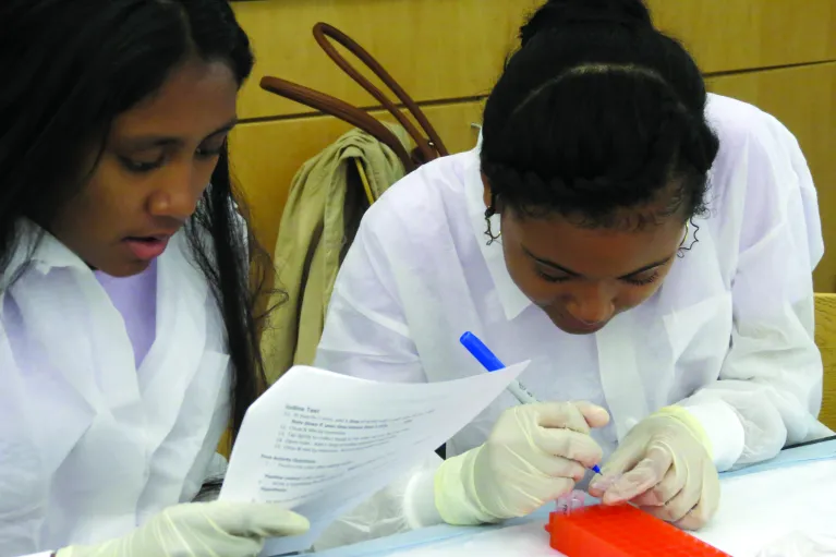 Two girls working on a project together