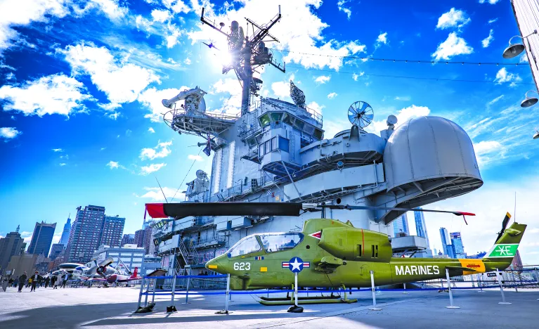 The Intrepid flight deck with a Marine helicopter