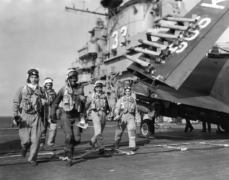 Jesse Brown on the flight deck of USS Leyte with VF-32 squadron mates, ca. 1950.