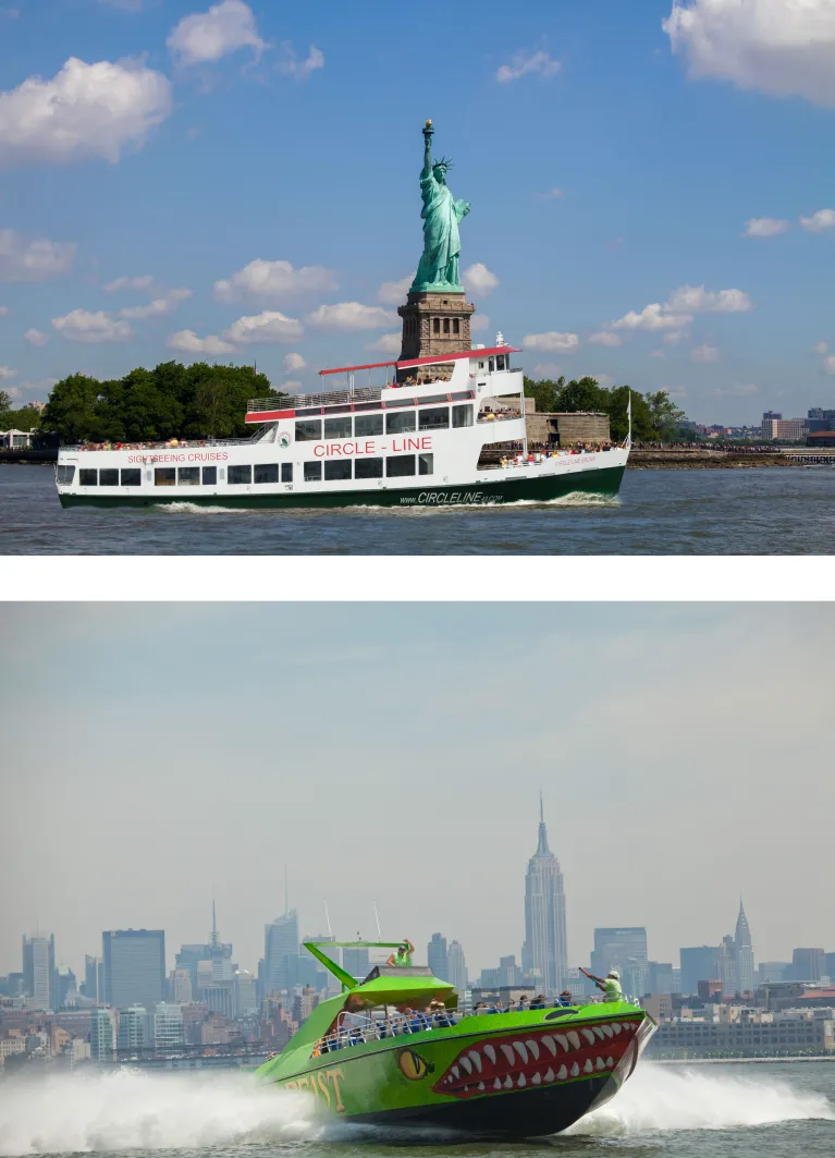 A boat passes next to the Statue of Liberty on the water, with the iconic monument standing tall against the sky.