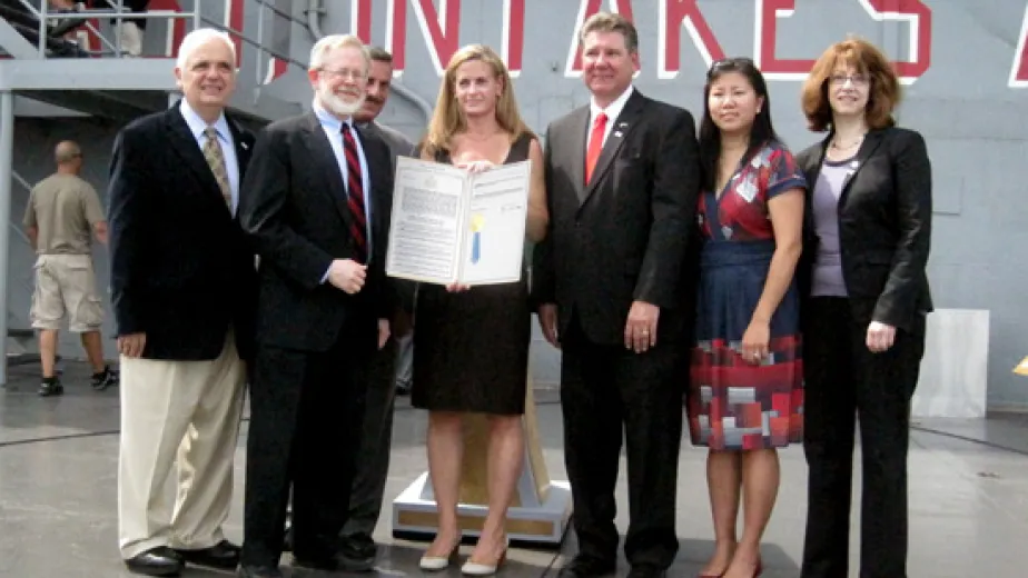 From left to right: Assemblyman Joseph Lentol (Brooklyn), Assemblyman Richard Gottfried (Manhattan), Assemblyman David Weprin (Queens), Intrepid Executive Director Susan Marenoff, Assemblyman Michael DenDekker (Queens), Assemblywoman Grace Meng (Queens), Assemblywoman Linda Rosenthal (Manhattan)